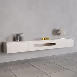 "Minimalistic TV unit 3D model for Blender 3D. This modern and clean design inspired by Pietro Faccini and Johann Heinrich Bleuler will add an attractive touch to your living or bedroom scene. Features a white shelf with clock, smooth solid concrete, and award-winning details."