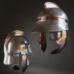 Detailed 3D model of an ancient military helmet with realistic metal textures, suitable for Blender projects.