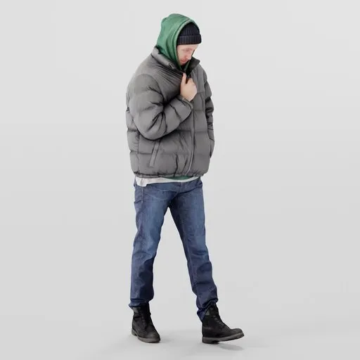Highly detailed Blender 3D male model in winter attire, poised in motion against an invisible breeze.