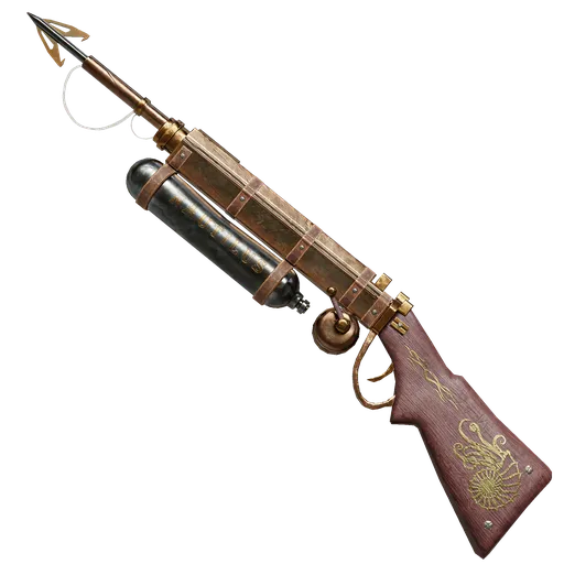 Detailed 3D model of a vintage underwater harpoon gun with wood and copper textures, suitable for ocean scenes.