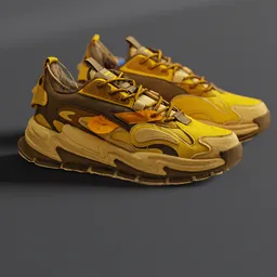 3D rendered yellow and brown athletic sneakers, detailed texture, for Blender modeling and animation.