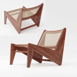 "Minimalist design armchair with wood and wicker construction, inspired by Oswaldo Viteri. 3D model for Blender 3D, featuring hyper-realistic raytracing and redshift renderer. Ideal for modern European interiors with a touch of traditional Indian spirit."
