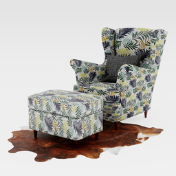 Detailed 3D model of patterned armchair and footstool, compatible with Blender for interior design visualization.