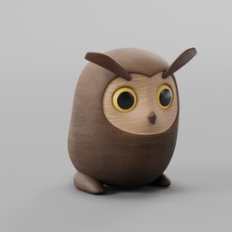 "Owl Wood sculpture with subdivision control for Blender 3D. Inspired by Kōno Bairei, this wooden owl features big eyes and sits on a table. Two-tone shading and a wooden side table complete this product design render."