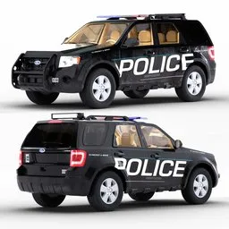 "Rigged Ford Escape police car with interior and procedural shader for realistic dirt and rust. Perfect for Blender 3D animation projects. Browse our collection of standard 3D models on BlenderKit."