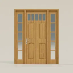 Detailed wooden door 3D model with glass panels, compatible with Blender for architectural visualization.