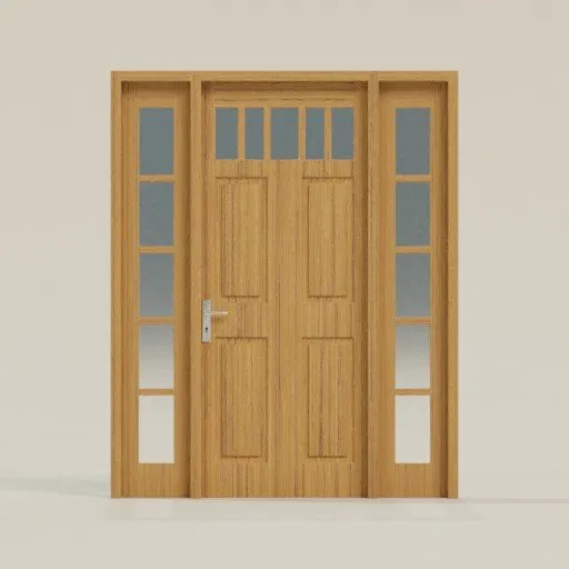 Detailed wooden door 3D model with glass panels, compatible with Blender for architectural visualization.