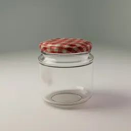 Detailed 3D model of an old glass jam jar with a checkered lid, optimized for Blender rendering.