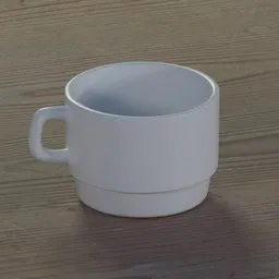 "Porcelain tea cup modeled in Blender 3D, ideal for kitchen appliance scenes. Realistic 3D model featuring a white cup on a wooden table, inspired by Paul Kelpe's design aesthetic."
