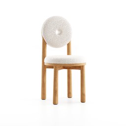 "Ollie Dining Chair, a stunning 3D model for Blender 3D. Featuring a white chair with a wooden seat and white cushion, and trendy boucle fabric. Perfect for makeup artists and interior designers."