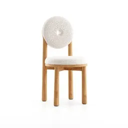 "Ollie Dining Chair, a stunning 3D model for Blender 3D. Featuring a white chair with a wooden seat and white cushion, and trendy boucle fabric. Perfect for makeup artists and interior designers."