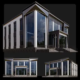 Modern glass-front mini office building 3D model, detailed architectural visualization in Blender 3D.