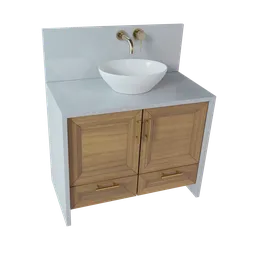 High-quality 3D render of a modern washbasin on wooden vanity for Blender animation projects.
