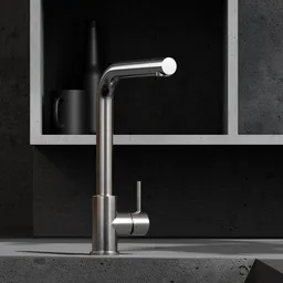 High-quality 3D modeled chrome kitchen mixer tap with a minimalist design, compatible with Blender for realistic rendering.