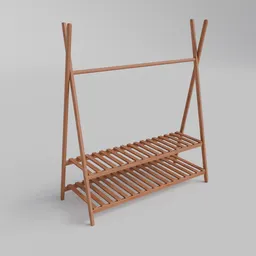 3D model of a contemporary wooden coat rack with detailed textures, designed for sophisticated interior renderings in Blender.