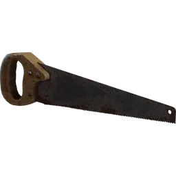 Realistic 3D model of a rusty handsaw with a wooden handle, compatible with Blender for digital industrial designs.