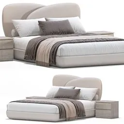 "Bed Curve by 1stDIBS 3D model in Blender format, featuring a 240X248X97H bed with a headboard and footboard. With a desaturated color scheme and twisted, rounded shapes, this model offers a unique and dynamic design for your 3D rendering projects. Includes 418,975 polys and is fully unwrapped."