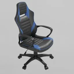 "Explore our 3D model of a mid-poly office armchair in black and blue inspired by Brian Snøddy, designed for use in Blender 3D software. Featuring a lightweight leather armor and a red and blue color scheme, this fine-quality furniture piece adds a touch of elegance to any workspace. Get it now untextured from our online store."