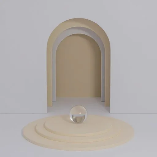 Minimalist 3D-rendered scene with arched backdrop and spherical object on circular podiums for showcasing products.