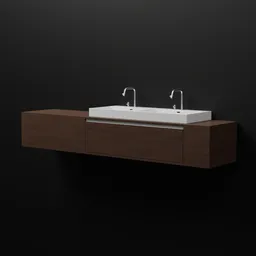 "Double Wash Basin 3D Model for Blender 3D - Angular minimalist design with seamless wood texture, inspired by Dosso Dossi. This photorealistic rendering by Friedrich Traffelet showcases a side profile of the elegant washbasin and cabinet, complemented by a noir aesthetic and an emphasis on the draincore vanity. Perfect for interior visualizations."