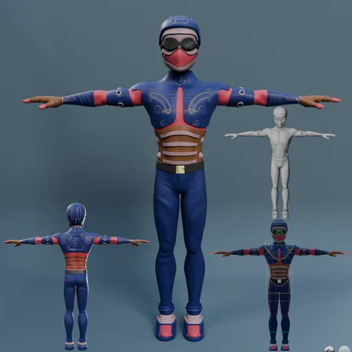 Detailed Blender 3D model of Soliman The Warrior with suit and armor in T-pose, wireframe view included.
