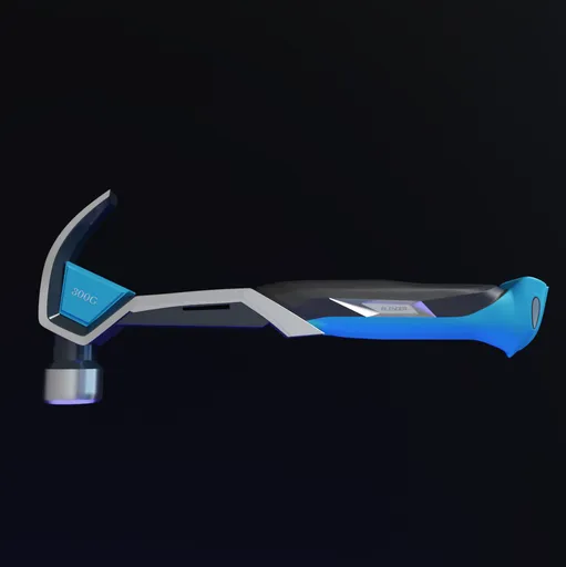 Detailed 3D rendering of a sleek and modern hammer with a futuristic design, showcasing reflective texturing and metallic finish.