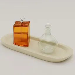 Realistic 3D-rendered decorative bottles on tray, Blender 3D, ideal for bathroom or bedroom decor.
