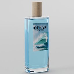 "3D model of a "Perfume Bottle 3.5x2x10" with a wooden cap, created using Blender 3D software. This bottle features a design inspired by ocean waves and is perfect for product showcasing or retail design. Experience gentle smoke effects while adding a touch of sophistication to your 3D scenes."