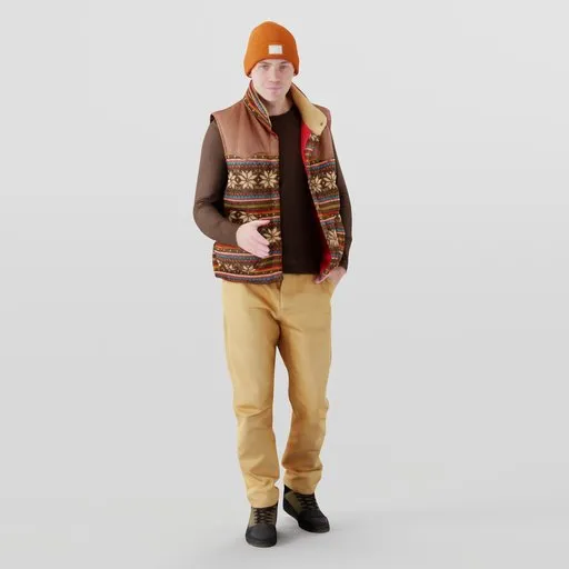 3D model of a young man with extended hand, dressed in patterned vest and casual attire, optimized for Blender.