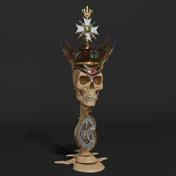 Detailed 3D skull with a crown and ornate clock designed for Blender, perfect for festive Halloween decor.