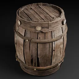 Realistic wooden barrel 3D model with detailed textures for game design or virtual environments, compatible with Blender.