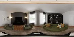 360-degree HDR panorama of a cozy living room with green sofas, bookshelf, and warm lighting.