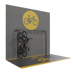 3D Blender model of urban bicycle rack with bike, detailed textures and symbols for city scenes.