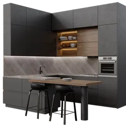Detailed Blender 3D model of a modern kitchen with built-in appliances and bar stools.