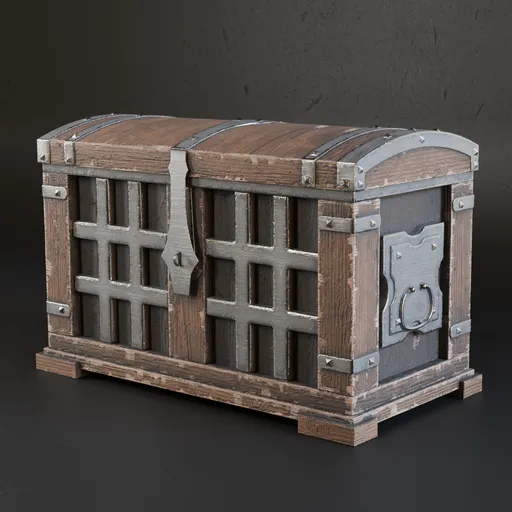 Highly detailed wooden treasure chest 3D model with metal accents, suitable for game and virtual environments.