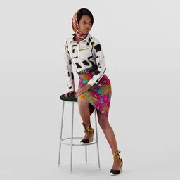 3D Blender model of an elegant female figure with silk scarf, colorful skirt, and wedge sandals.