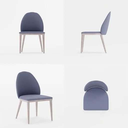 Detailed Blender 3D model showcasing a blue fabric and wood chair with high-resolution textures from multiple angles.