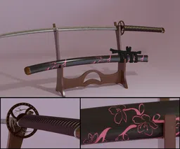 3D rendered katana on wooden stand with detailed floral patterns, optimized for Blender software use.