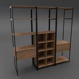 Elegant metal-wood open wardrobe 3D model, ideal for bedroom and hotel interiors, optimized for Blender.