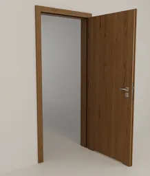 3D model of a partially open wooden bathroom door with a modern handle, designed in Blender, ready for digital interiors.