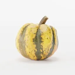"3D scanned pumpkin model with 4K textures for Blender 3D. Featuring a small yellow and green pumpkin with a bumpy and mottled skin texture placed on a white surface, this model is perfect for creating realistic fruit and vegetable scenes in your virtual environment. Created by BlenderKit and ShareTextures.com."