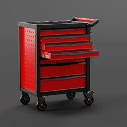 "3D model of a red tool cart on wheels with drawers, designed for use in Blender 3D. Each drawer can be opened using shape keys. This realistic model is perfect for automotive, cabinet, or general handtool projects. Get inspired by Konstantin Westchilov's design and add this tool cart to your visual design school projects."