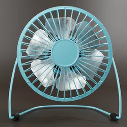 Realistic light blue Blender 3D model of a modern desk fan with detailed blades and adjustable stand for virtual scenes.