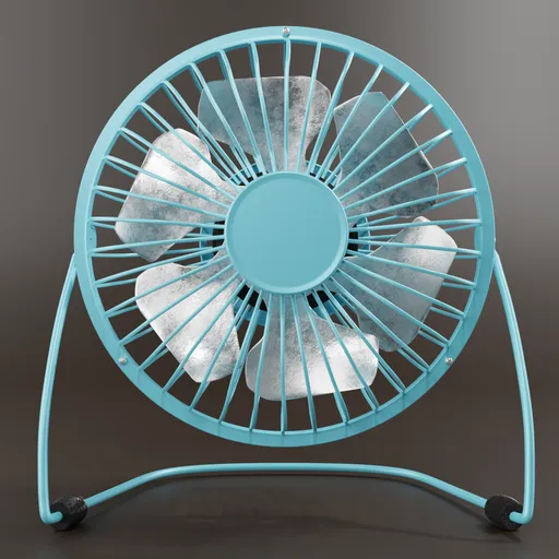 Realistic light blue Blender 3D model of a modern desk fan with detailed blades and adjustable stand for virtual scenes.