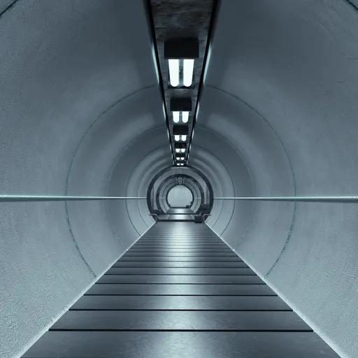 Futuristic Blender 3D model showing a detailed, symmetrical sci-fi corridor with metallic textures and lighting.