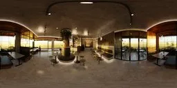 Warmly lit cafe interior with modern furnishings for HDR scene illumination, detailed textures, and realistic lighting.