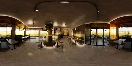 Warmly lit cafe interior with modern furnishings for HDR scene illumination, detailed textures, and realistic lighting.