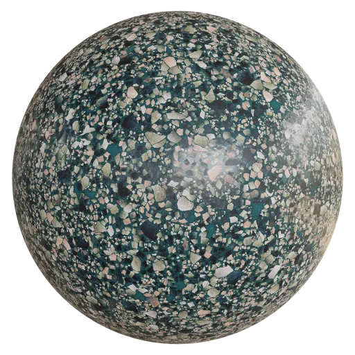 High-quality green terrazzo PBR texture for Blender 3D material library, seamlessly tileable with 4k resolution.