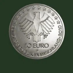 Detailed 3D rendering of a 10 Euro coin for Blender software with intricate textures and metallic finish.