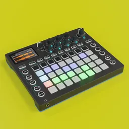Detailed 3D render of a drum machine with illuminated pads and knobs, created in Blender 3.1.